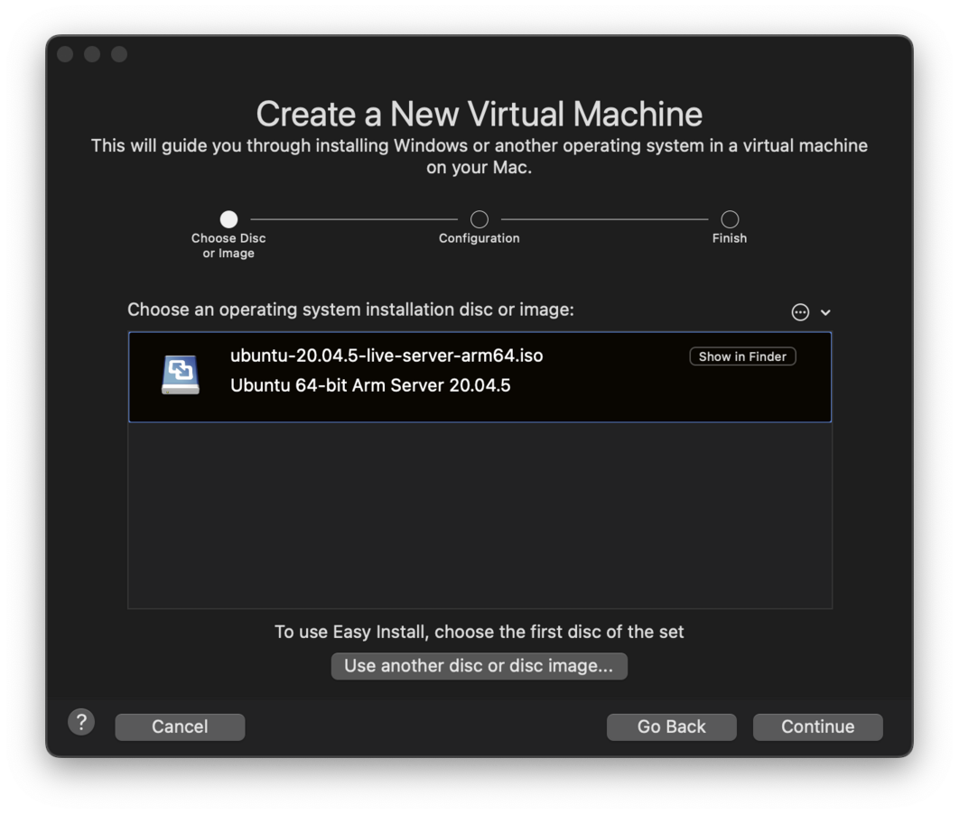 VMware Fusion choose image